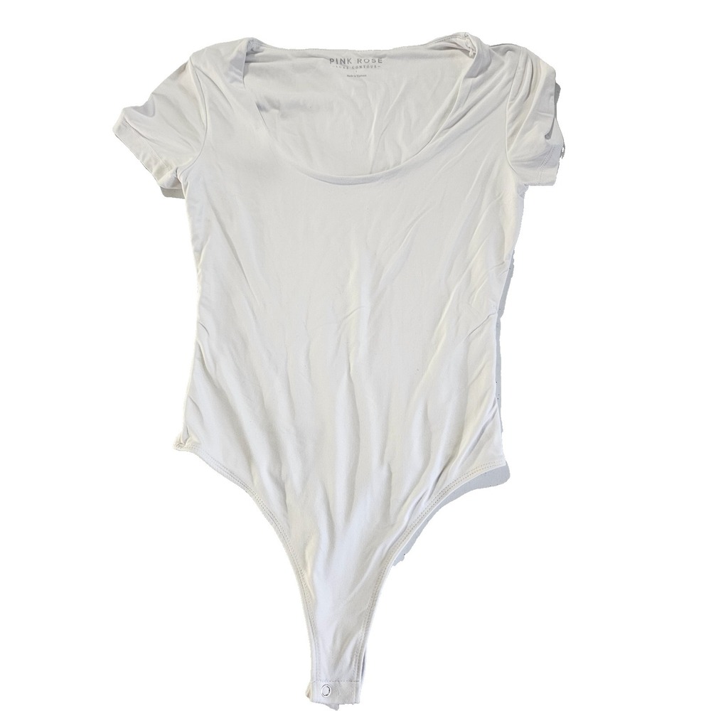 Pink Rose Luxe Contour Womens White Bodysuit Small Short Sleeve Scoop Neck Top